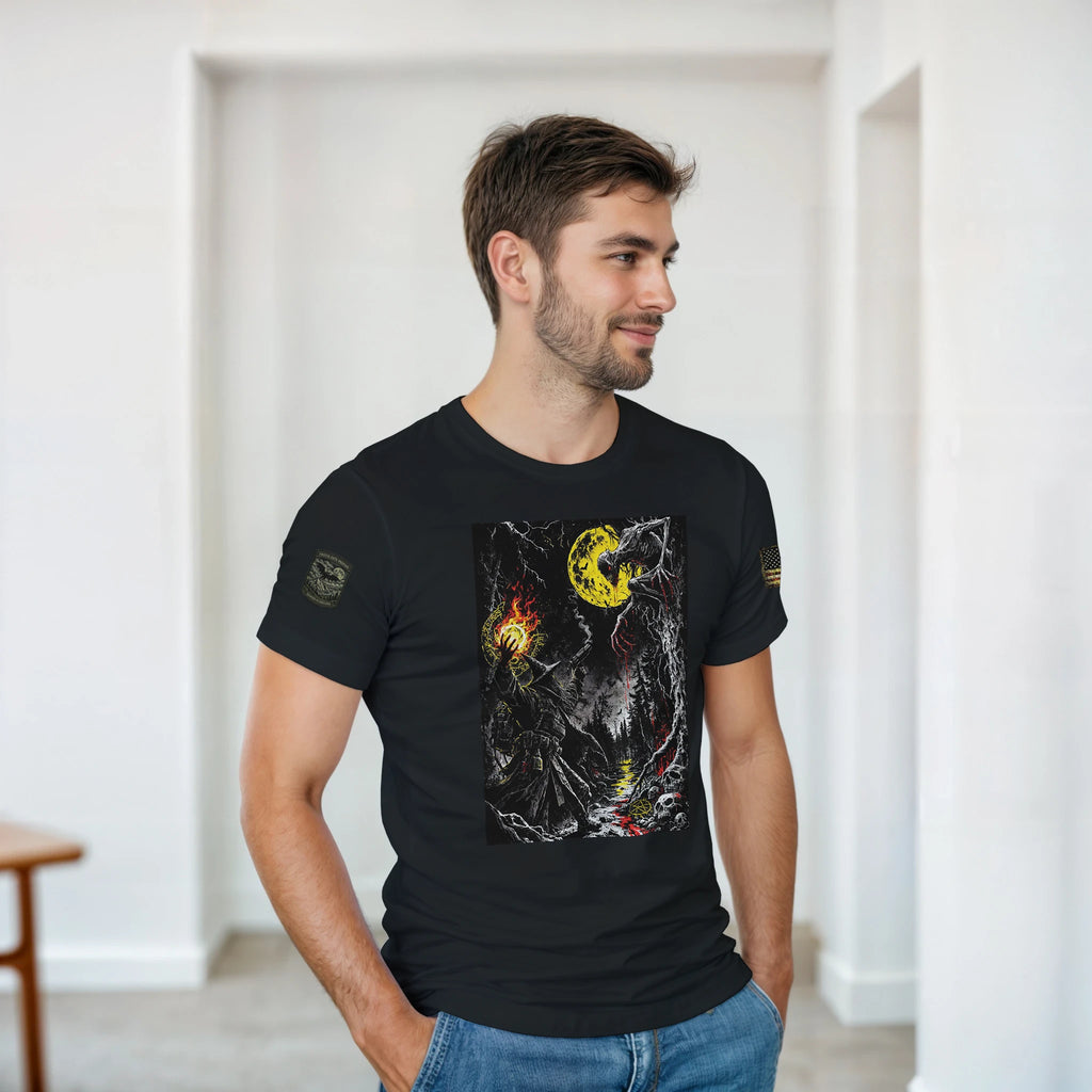 Occultist confronting the Rake in a cursed forest under a blood-red moon, cryptid t-shirt – alternate view